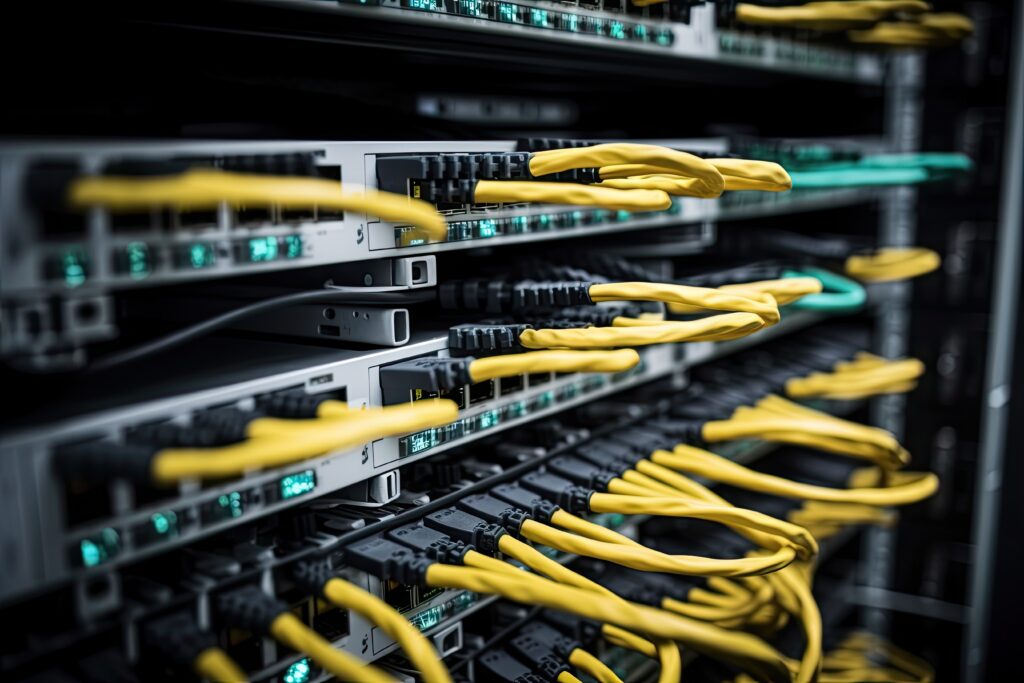 close up of network cables connected to switch in internet data center room, Network cables connected in the network switch, AI Generated